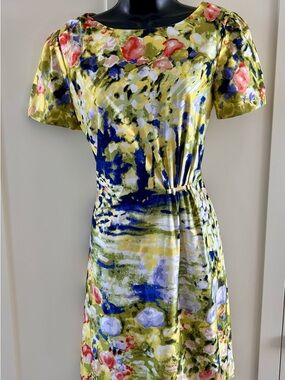 Floral Watercolor Short-Sleeve Midi Dress in Yellow and Blue
